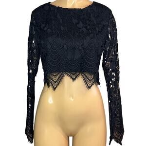 Airlie Mika Lace Crop Top Sheer Long Sleeve Black Size 8 Medium NWT